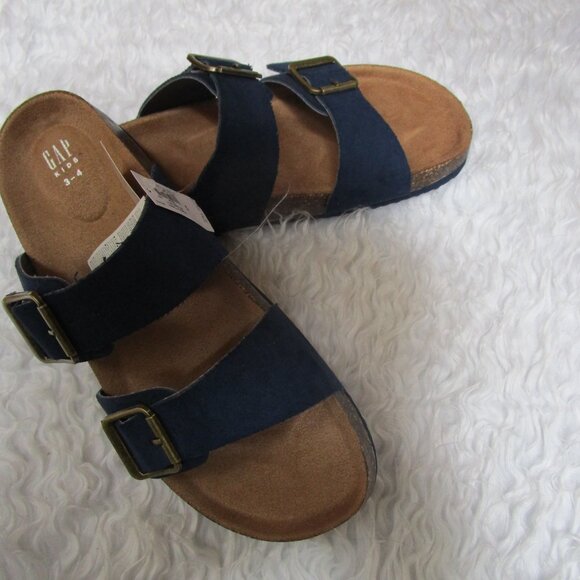 NWT Gap Kids Navy Blue Double Buckle Cork Sandals Shoes slides slippers Sz 3-4 - Picture 7 of 15